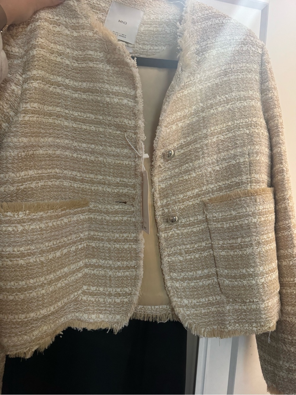 Mango Beige & Cream Textured Tweed Blazer